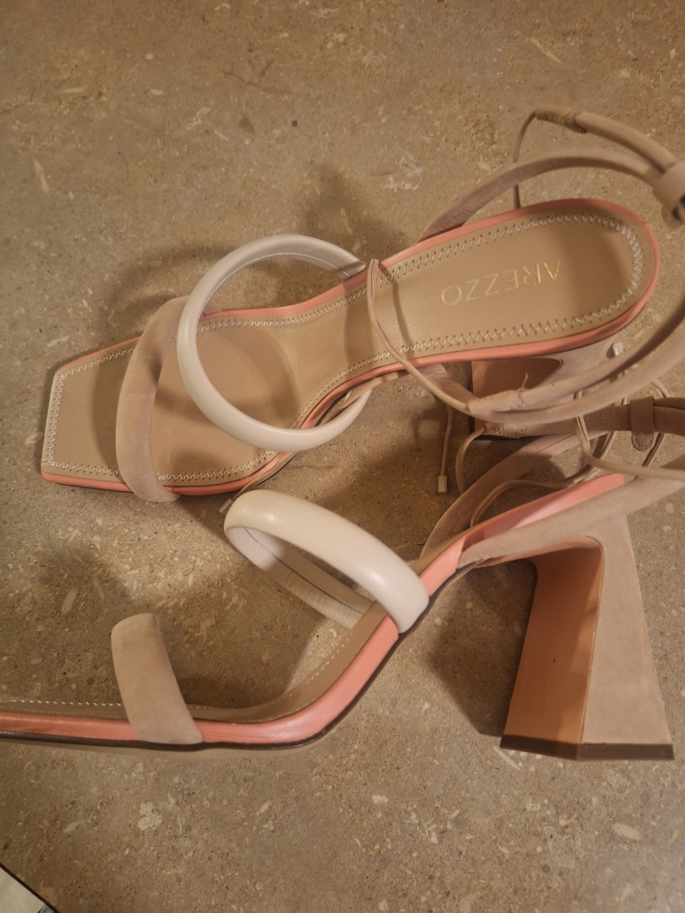 Arezzo Beige & Cream Block Heel Sandals with Ankle Tie